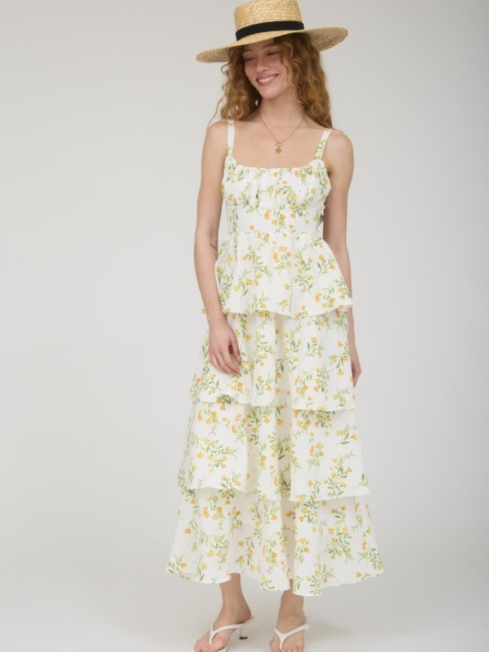 Floral Ruffle Tiered Back Tie Midi Dress